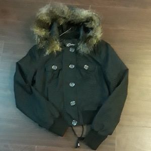 Black hooded fur Guess Jacket Never Worn